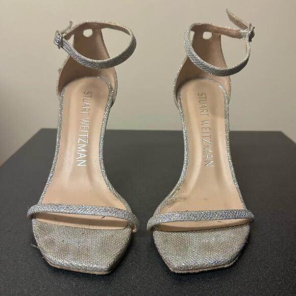 Stuart Weitzman Nudistcurve Glitter Ankle Strap Sandals Silver Crystal Size 8.5 - Picture 2 of 13